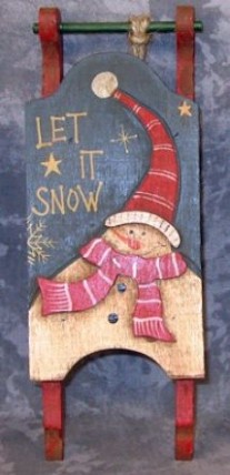 Primitive Wood Santa Sleigh 34043L -Snowman Let it Snow  Mini Wood Christmas Sleigh Ornament