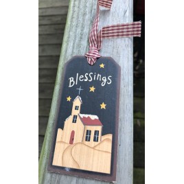 3D6044BC Blessings Church wood tag with Gingham Ribbon 