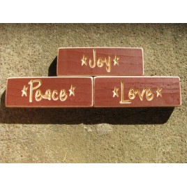 Primitive Engraved Wood Blocks Set of 3 HW516BUR Joy Peace Love 