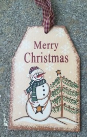 6085MC - Merry Christmas Snowman wood Tag with gingham ribbon 