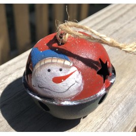   66283 - Snowman Red metal Bell Ornament with Blue Hat 