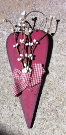 Primitive Wood RH-2 Burgundy Heart with white berries and ribbon