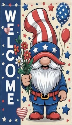86M80565W2 Patriotic Welcome Gnome with flowers double sided garden flag
