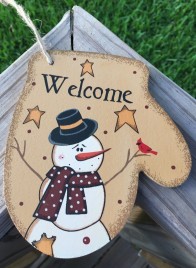 Primitive Wood WL020 Welcome Snowman Mitten Christmas Ornament